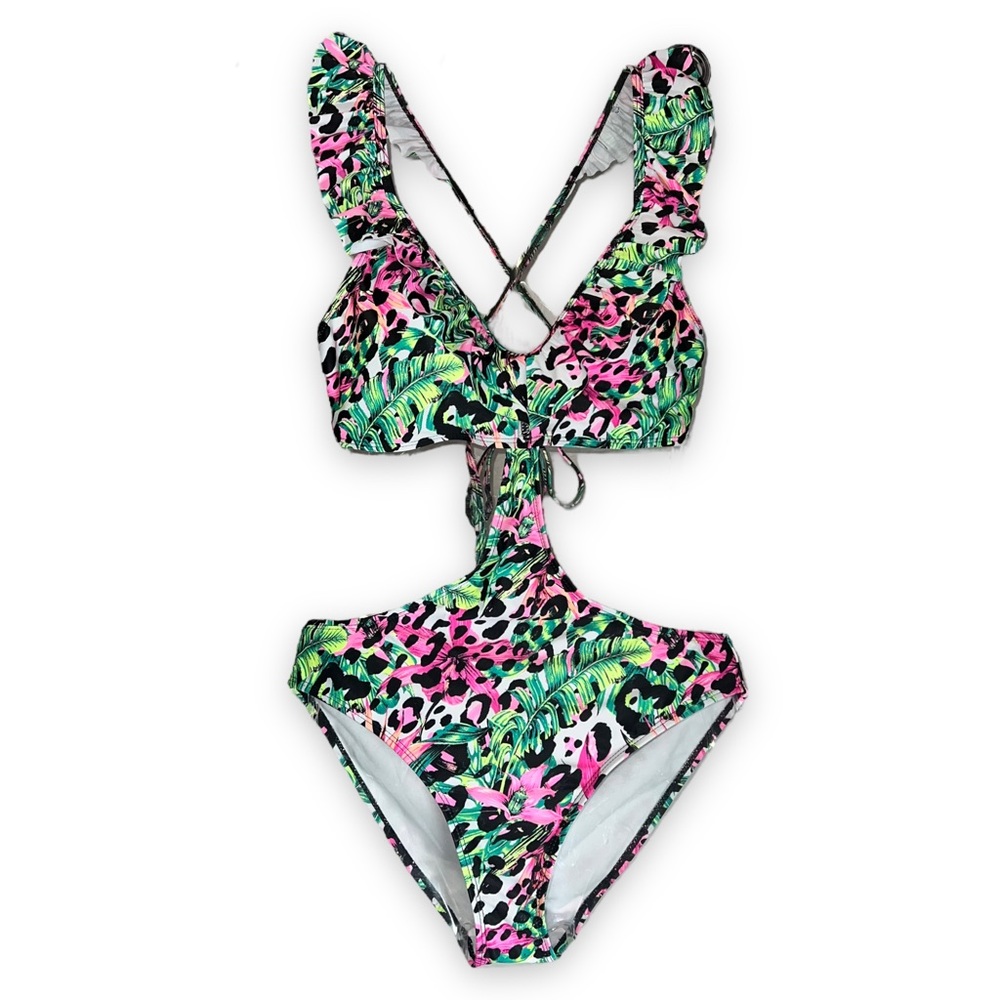 NEW LA LA Swim Floral Cheetah One Piece Swimsuit Swimwear Women’s Size Medium